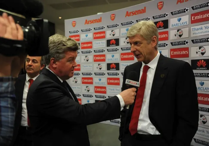 Framed Print : Arsene Wenger the Arsenal Manager is interviewed before the match. Arsenal 1: 1 Manchester City Framed Print : Arsene Wenger the Arsenal Manager is interviewed before the match. Arsenal 1: 1 Manchester City