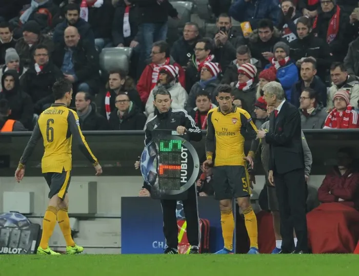 Framed Print : Arsene Wenger the Arsenal Manager oversees the substitution of Laurent Koscielny