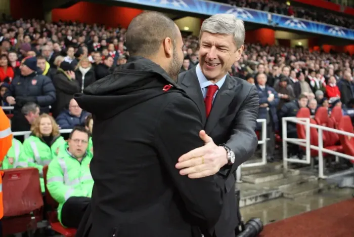 Framed Print : Arsene Wenger the Arsenal Manager shakes hands with Josep Guardiola the Barcelona Manager before the match. Arsenal 2: 2 Barcelona. UEFA Champions League. Quarter Final, 1st Leg. Emirates Stadium, 31  /  3  /  10. Credit : Arsenal Football Club  / 
