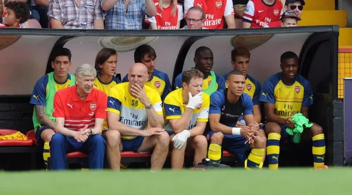 Framed Print : Arsene Wenger the Arsenal Manager and Steve Bould the Assistant Manager in the dug out