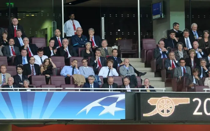 Framed Print : Arsene Wenger the Arsenal Manager watches the match from the Directors Box with his assistant Boro Primorac. Arsenal 1: 0 Udinese. UEFA Champins League Qualifying Round, 1st leg. Emirates Stadium, 16  /  8  /  11. Credit : Arsenal Football Club  / 
