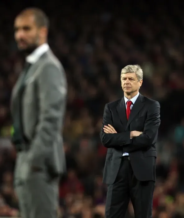 Framed Print : Arsene Wenger and Arsenal's Heartbreaking Defeat: Barcelona 4:1 in the UEFA Champions League Quarterfinals (2009-10)