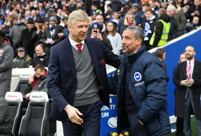 Framed Print : Arsene Wenger and Chris Hughton Pre-Match Handshake: Brighton vs Arsenal, Premier League 2017-18