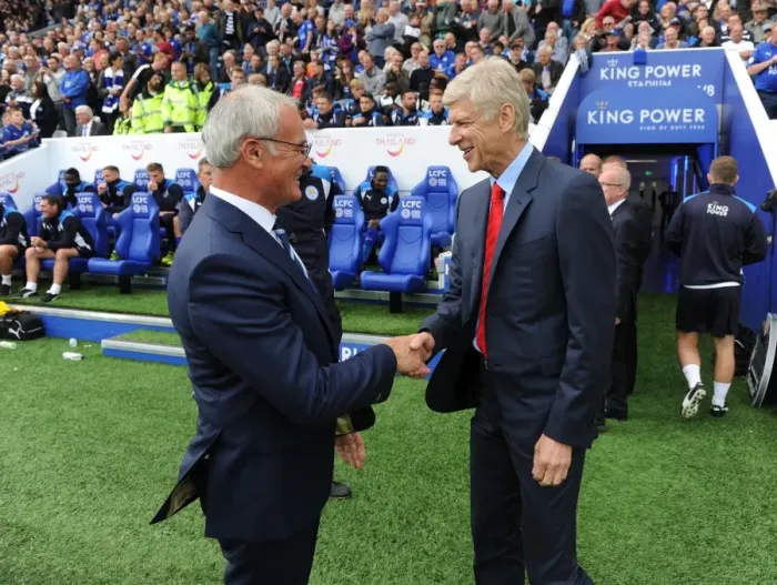 Framed Print : Arsene Wenger and Claudio Ranieri: A Pre-Match Handshake (Leicester City vs. Arsenal, 2016-17)