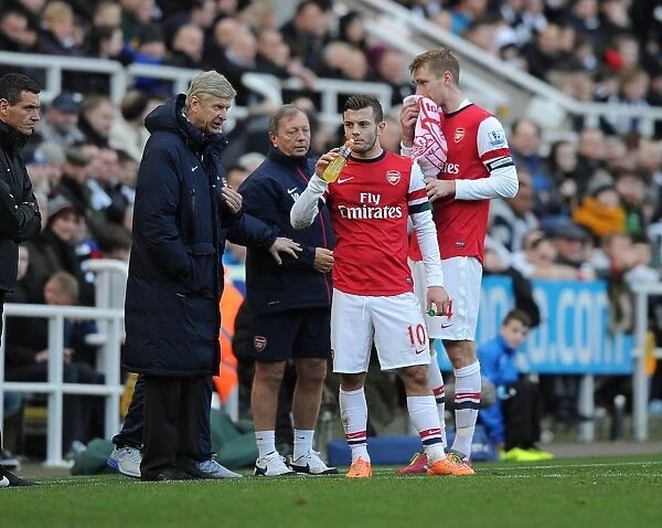 Arsene Wenger Conferring with Jack Wilshere and Per Mertesacker during Newcastle United vs Arsenal, Premier League 2013-14