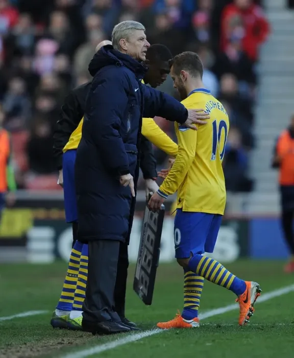 Framed Print : Arsene Wenger Consoles Substituted Jack Wilshere: Stoke City vs. Arsenal, Premier League 2013-14
