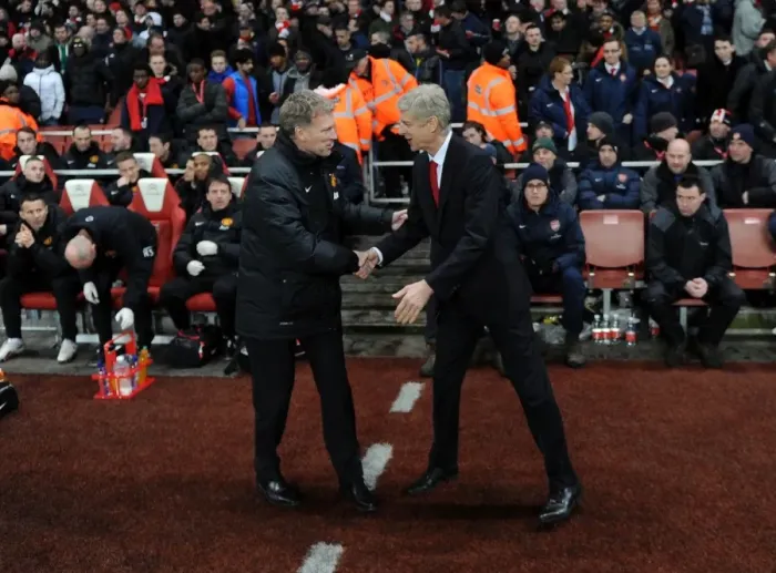 Framed Print : Arsene Wenger and David Moyes Pre-Match Handshake: Arsenal vs Manchester United, Premier League 2013-14