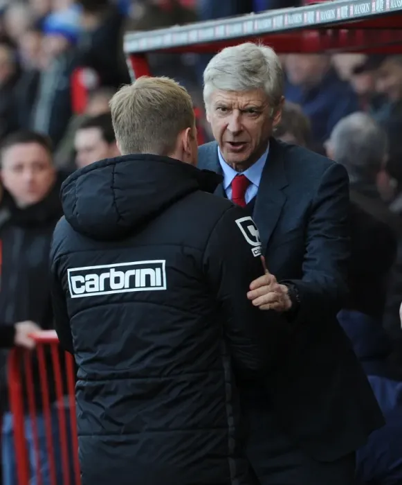 Framed Print : Arsene Wenger and Eddie Howe: A Pre-Match Handshake at the Bournemouth vs. Arsenal Premier League Match, 2016