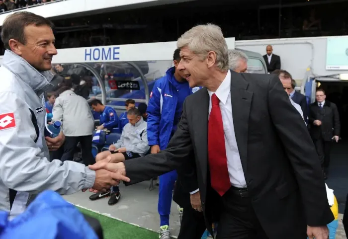 Framed Print : Arsene Wenger and Eddie Niedzwiecki Pre-Match Handshake: Queens Park Rangers vs. Arsenal, Premier League 2011-2012