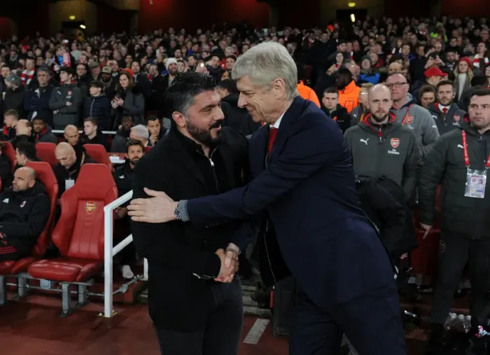 Framed Print : Arsene Wenger and Gennaro Gattuso: A Pre-Match Handshake Before Arsenal vs. AC Milan (2017-18) Framed Print : Arsene Wenger and Gennaro Gattuso: A Pre-Match Handshake Before Arsenal vs. AC Milan (2017-18)