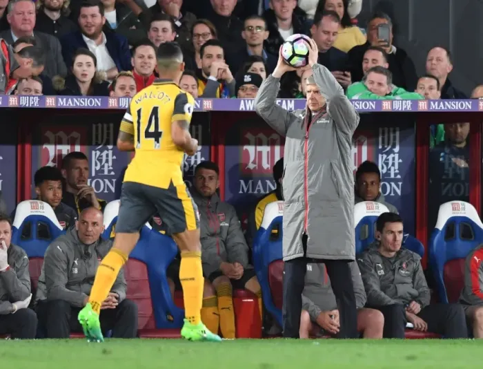 Framed Print : Arsene Wenger Gives the Ball to Theo Walcott during Arsenal's Premier League Clash against Crystal Palace