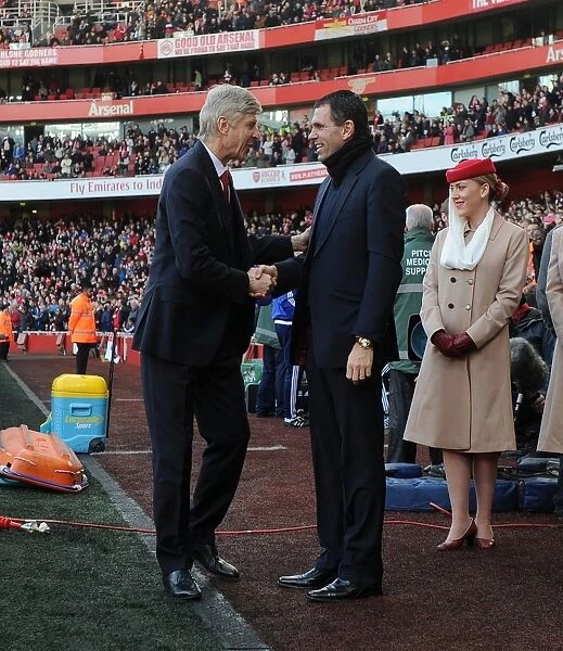 Arsene Wenger and Gus Poyet: Pre-Match Handshake at Arsenal vs Sunderland (2014, Premier League)