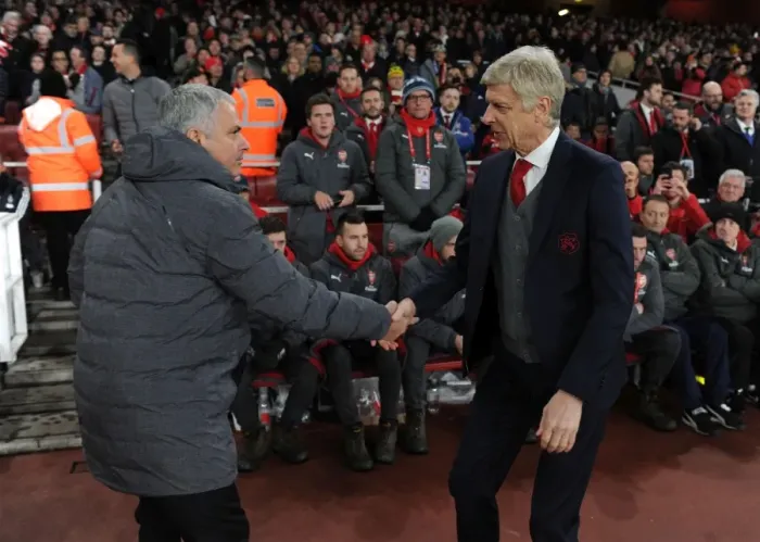 Framed Print : Arsene Wenger and Jose Mourinho: A Pre-Match Encounter at the Emirates (Arsenal v Manchester United, 2017-18)