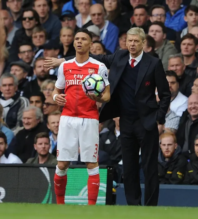 Framed Print : Arsene Wenger and Kieran Gibbs: A Behind-the-Scenes Moment at Tottenham Hotspur vs. Arsenal (2016-17)