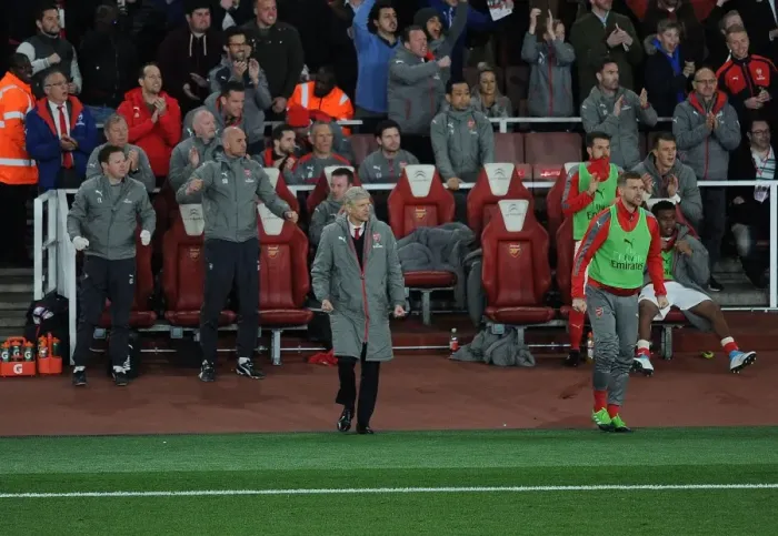Framed Print : Arsene Wenger and Per Mertesacker: Celebrating Arsenal's First Goal Against West Ham United (2016-17)