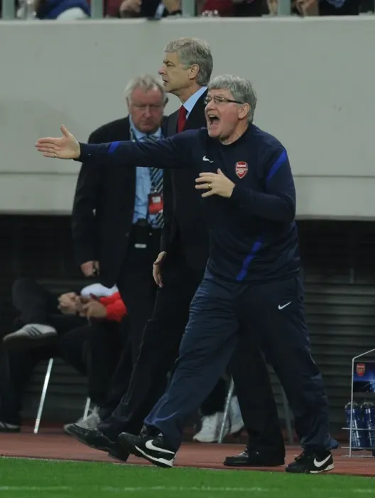 Framed Print : Arsene Wenger and Pat Rice Lead Arsenal in Champions League Clash against Olympiacos (December 2011)