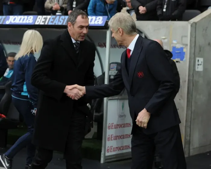 Framed Print : Arsene Wenger and Paul Clement's Pre-Match Handshake: Swansea City vs Arsenal (Premier League, 2016-17)