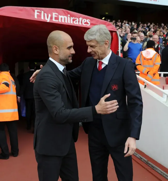 Framed Print : Arsene Wenger and Pep Guardiola: A Pre-Match Encounter at the Emirates - Arsenal vs Manchester City, Premier League (2016-17)