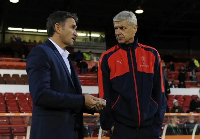 Framed Print : Arsene Wenger and Philippe Montanier: Pre-Match Encounter at Nottingham Forest vs. Arsenal (2016 EFL Cup) Framed Print : Arsene Wenger and Philippe Montanier: Pre-Match Encounter at Nottingham Forest vs. Arsenal (2016 EFL Cup)