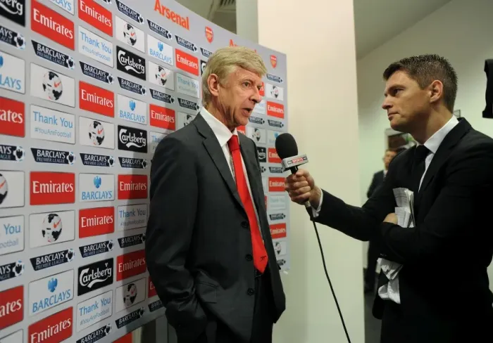 Framed Print : Arsene Wenger Pre-Match Interview: Arsenal 3:1 Stoke City, Barclays Premier League, Emirages Stadium (2013-14)