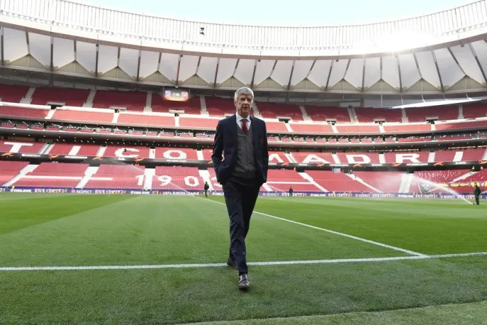 Framed Print : Arsene Wenger Scouting Atletico Madrid Pitch Ahead of Arsenal Match, 2018
