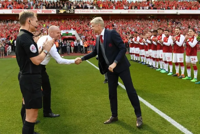 Framed Print : Arsene Wenger and Shaun Dyche: A Season's End Handshake (Arsenal v Burnley, 2017-18)
