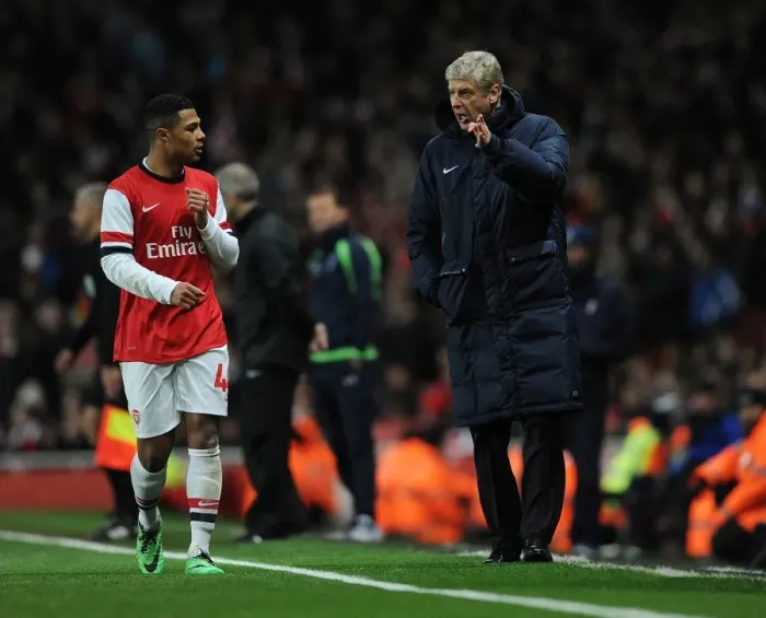 Framed Print : Arsene Wenger Speaks with Serge Gnabry during Intense Arsenal vs. Tottenham FA Cup Clash