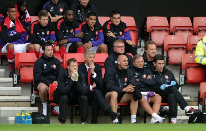 Framed Print : Arsene Wenger and Steve Bould on the Arsenal Bench: Arsenal v Anderlecht Pre-Season 2012-13