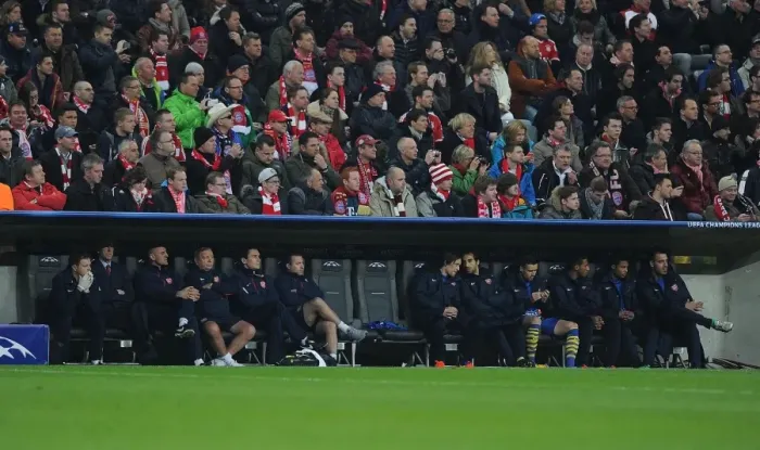 Framed Print : Arsene Wenger and Steve Bould on Arsenal Bench during Bayern Munich Clash in 2014 Champions League