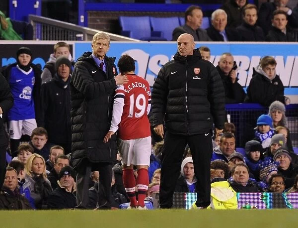 Arsene Wenger and Steve Bould Console Santi Cazorla after Substitution: Everton vs Arsenal, 2012-13