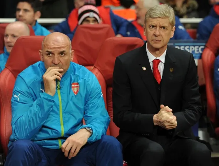 Framed Print : Arsene Wenger and Steve Bould: Focused United Ahead of Arsenal's Champions League Showdown (2014 / 15) Framed Print : Arsene Wenger and Steve Bould: Focused United Ahead of Arsenal's Champions League Showdown (2014 / 15)