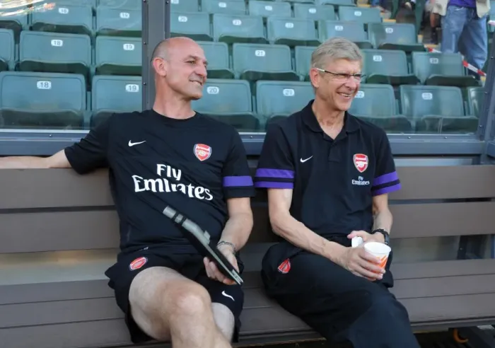 Framed Print : Arsene Wenger and Steve Bould Share a Light-Hearted Moment Before Kitchee FC vs. Arsenal FC Match (2012) Framed Print : Arsene Wenger and Steve Bould Share a Light-Hearted Moment Before Kitchee FC vs. Arsenal FC Match (2012)