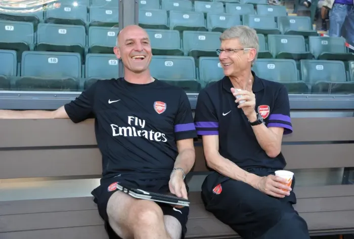 Framed Print : Arsene Wenger and Steve Bould: Sharing a Light-Hearted Moment Before Arsenal's Pre-Season Clash (2012) Framed Print : Arsene Wenger and Steve Bould: Sharing a Light-Hearted Moment Before Arsenal's Pre-Season Clash (2012)