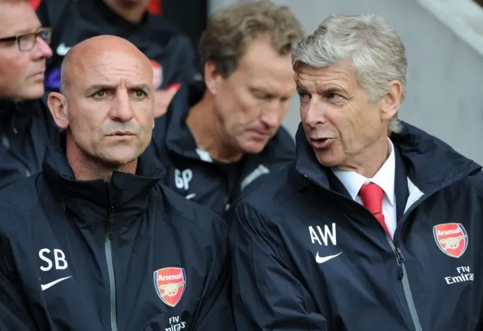 Framed Print : Arsene Wenger and Steve Bould at Southampton's Markus Liebherr Memorial Cup Pre-Season Match against Arsenal (2012)