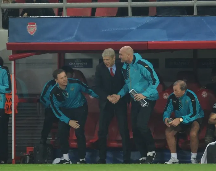 Framed Print : Arsene Wenger and Steve Bould: United in Victory - Arsenal vs. Olympiacos, UEFA Champions League (December 2015)