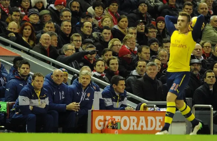 Framed Print : Arsene Wenger and His Team: Arsenal's Management Duo at Anfield (Liverpool v Arsenal 2014 / 15)