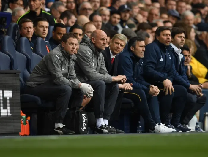 Framed Print : Arsene Wenger and His Team: Arsenal's Tactical Duo and Physio at Tottenham's White Hart Lane (April 2017)