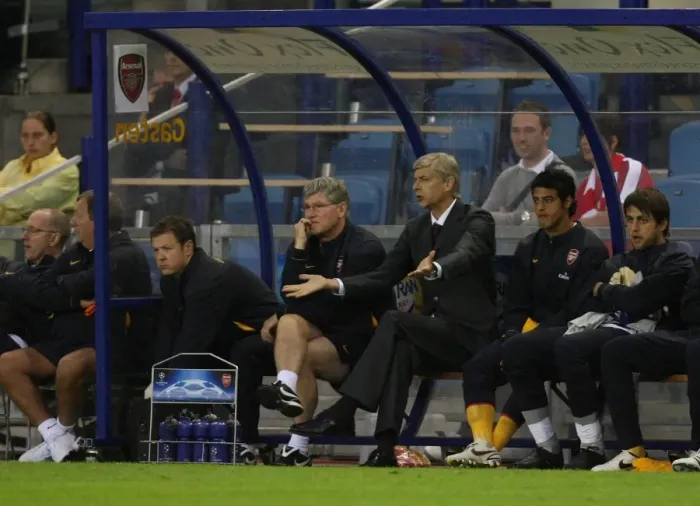 Framed Print : Arsene Wenger and His Team: Pat Rice and Colin Lewin, Lead Arsenal to Victory over FC Twente in Champions League Qualifier