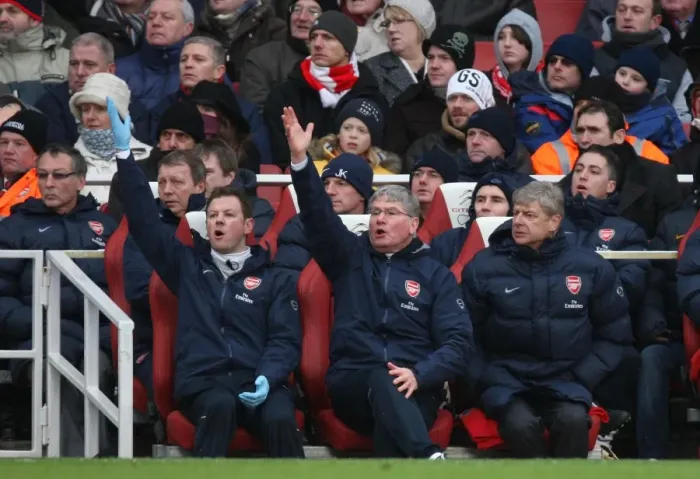 Framed Print : Arsene Wenger and His Team: A Tie at Emirates - Wenger, Rice, and Lewin in the Dugout