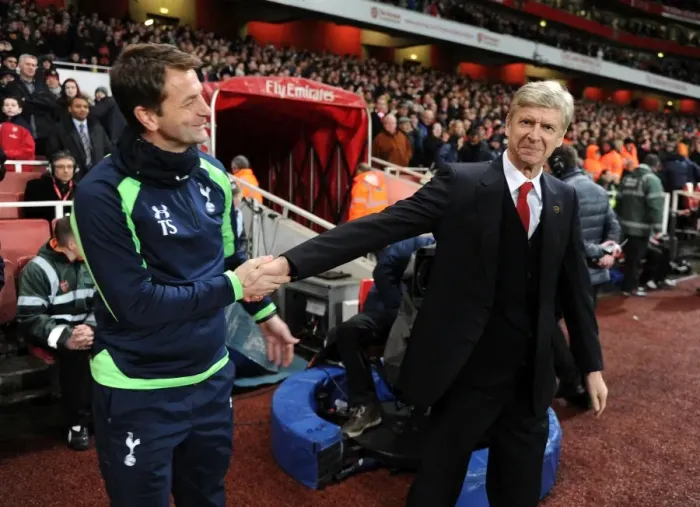 Framed Print : Arsene Wenger and Tim Sherwood: United in Pre-Match Handshake at FA Cup Third Round between Arsenal and Tottenham, 2014
