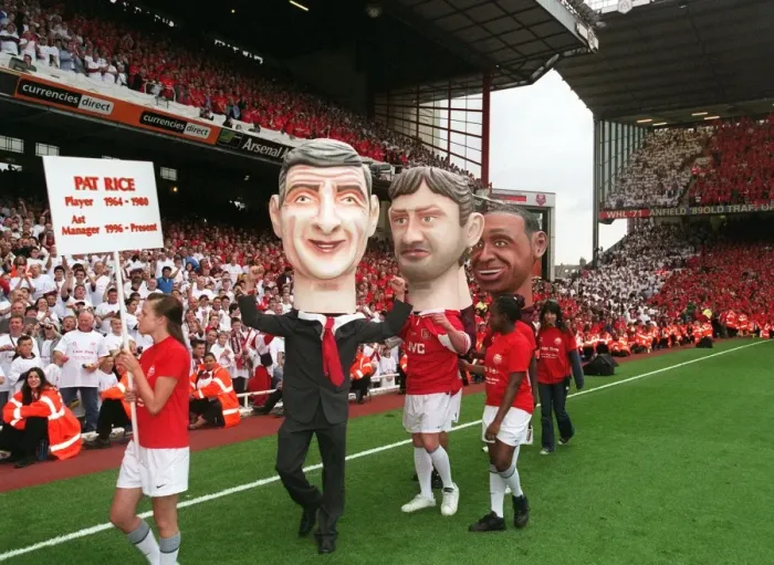 Framed Print : The Arsene Wenger and Tony Adams giant heads on the pitch during the final salute parade Framed Print : The Arsene Wenger and Tony Adams giant heads on the pitch during the final salute parade