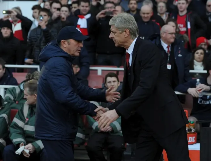 Framed Print : Arsene Wenger and Tony Pulis: A Pre-Match Handshake Between Arsenal and Crystal Palace Managers (2013-14)