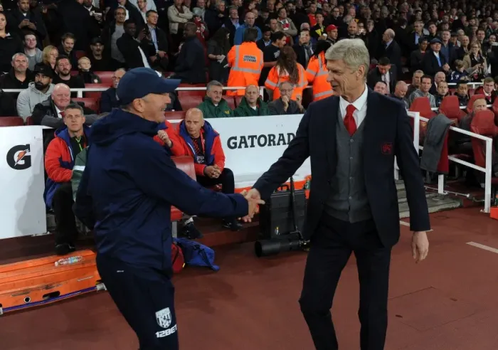 Framed Print : Arsene Wenger and Tony Pulis: Pre-Match Handshake at Arsenal vs. West Bromwich Albion (2017-18)