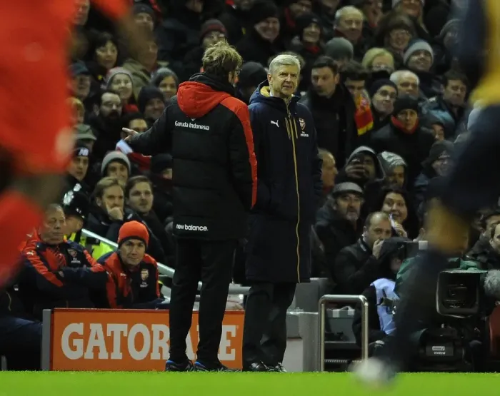 Framed Print : Arsene Wenger vs Jurgen Klopp: Premier League Showdown (2015-16) - Arsenal's Wenger Clashes with Liverpool's Klopp at Anfield