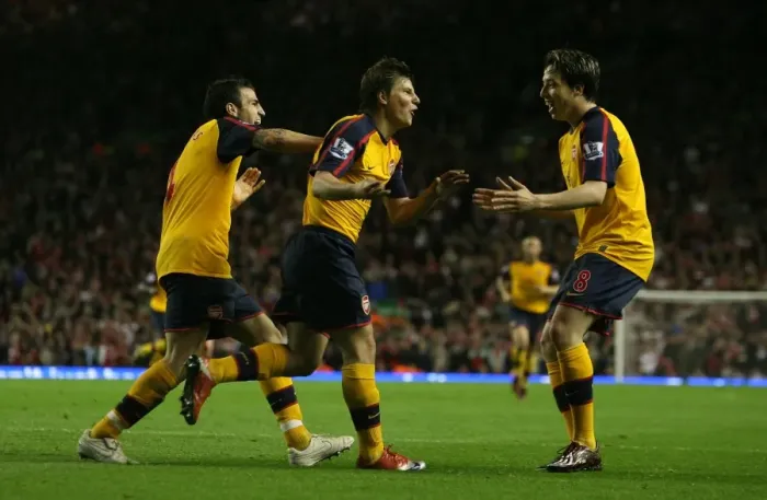 Framed Print : Arshavin's Hat-Trick: Nasri and Fabregas in Triumphant Celebration vs. Liverpool (4-4), 2009 Framed Print : Arshavin's Hat-Trick: Nasri and Fabregas in Triumphant Celebration vs. Liverpool (4-4), 2009