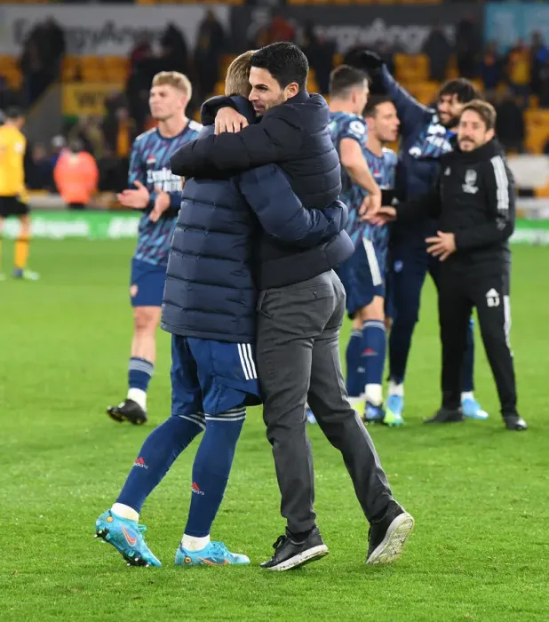 Framed Print : Arteta Embraces Odegaard: Wolverhampton Wanderers vs Arsenal, Premier League 2021-22