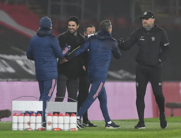 Framed Print : Arteta and Hasenhuttl Face Off: Southampton vs. Arsenal in Empty St Mary's Stadium (Premier League 2021)
