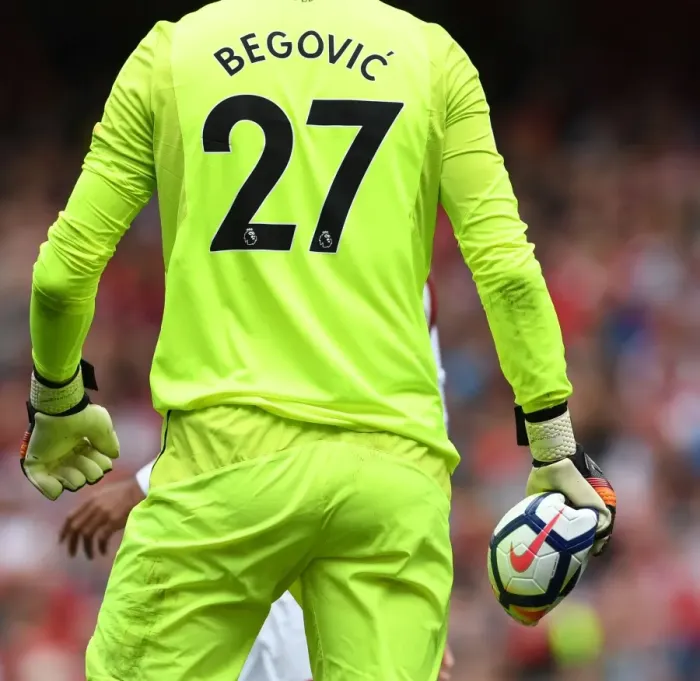 Framed Print : Asmir Begovic Holds Burst Ball at Arsenal vs AFC Bournemouth, Premier League 2017-18