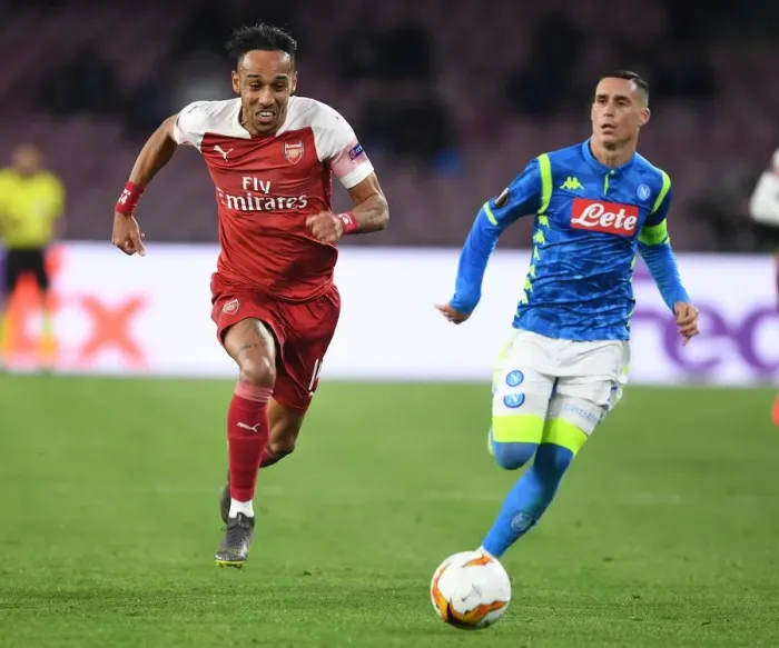 Framed Print : Aubameyang in Action: Arsenal vs. Napoli - UEFA Europa League Quarterfinals (2018-19)