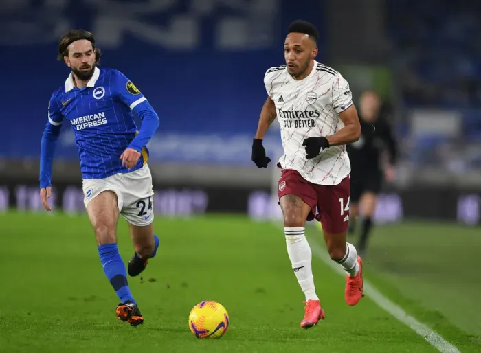 Framed Print : Aubameyang Clashes with Propper: Brighton vs. Arsenal, Premier League 2020-21 Framed Print : Aubameyang Clashes with Propper: Brighton vs. Arsenal, Premier League 2020-21